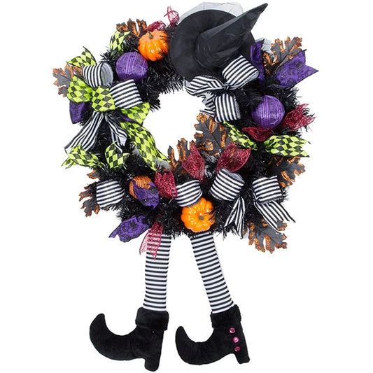 Happy Halloween Wreath 24Inch Witch Hat Legs Pumpkin Door Decorations Artificial Handmade Wreath for Front Door or Indoor Wall Decor