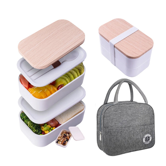 Japanese Bento Box,2 Layer Lunch Box , Meal Prep Lunch Container with Bamboo Chopping Board Lid,Bag,Cutlery,Divider,Bento Lunch Box for Adults Black