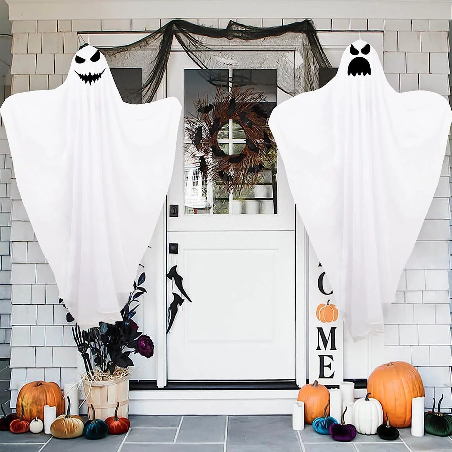 Scary Halloween Decorations Outdoor Hanging - 41" Halloween Hanging Ghost Skeleton with Glowing Eyes for Halloween Porch Yard Garden Tree outside Decorations, 2 Pack