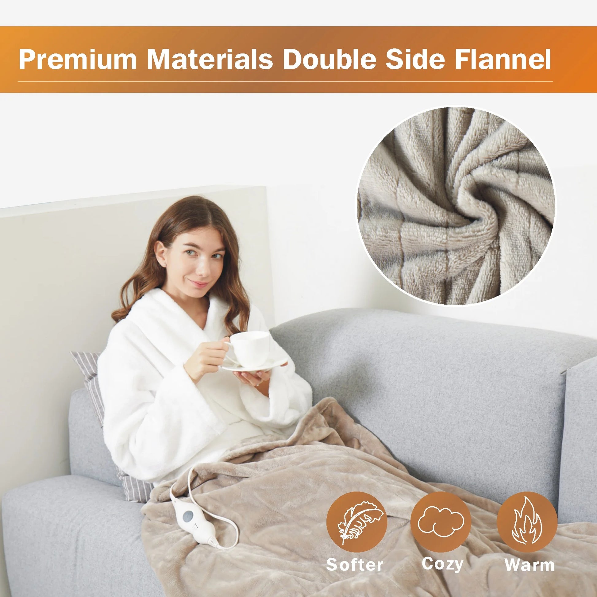 Electric Heated Blanket Throw，50"X60"Double Flannel Fabric Heated Throw Blanket for Home Office Brown