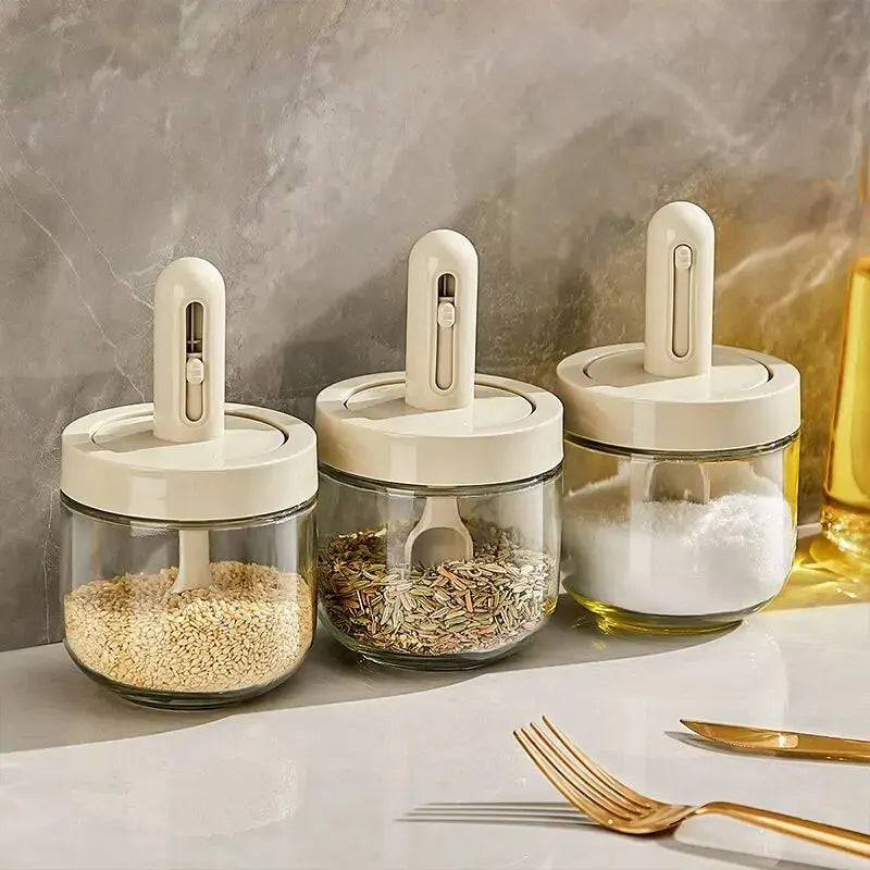 1Pc Glass Seasoning Bottle with Telescopic Spoon Household Kitchen Salt Storage Box Leak Proof and Moisture-Proof