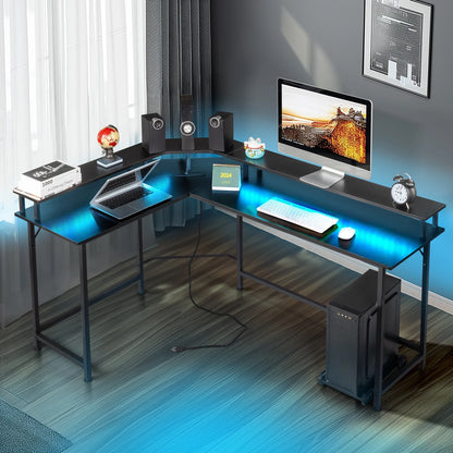 L-Shaped Gaming Desk with USB Wireless Charging, 55" Computer Desk with Monitor Stand, Corner Writing Desk with LED Light, Black