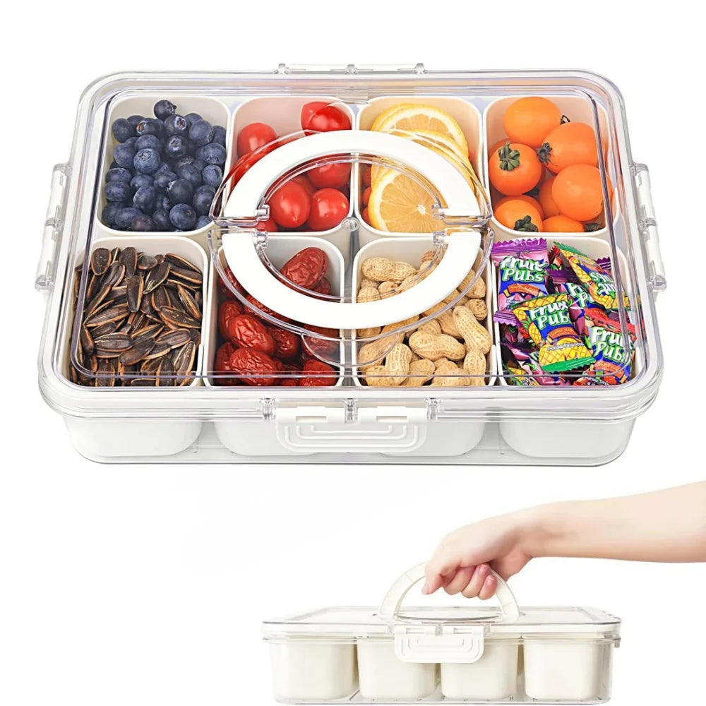 Divided Serving Tray with Lid and Handle - Food Container Clear Organizer for Candy, Snackle Box for Portable Snack Platters