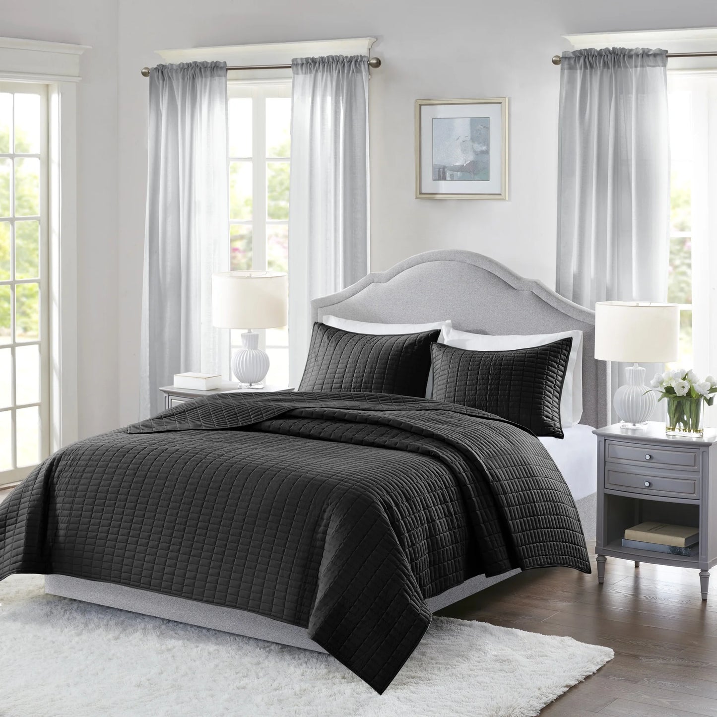 Kienna Twin/Twin-Xl Quilt Set 3 Piece Breathable Lightweight Black Reversible Summer Comforter Set