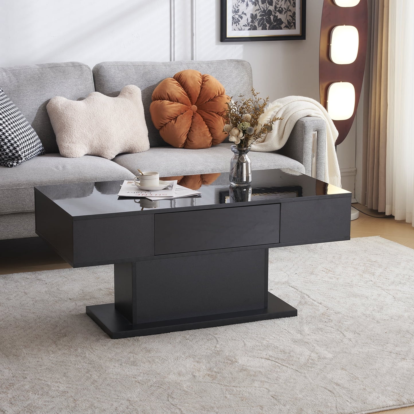 LED Coffee Table with Storage Shelf and 2 Drawers, High Gloss Cocktail Table Accent Furniture for Living Room 43.3" White