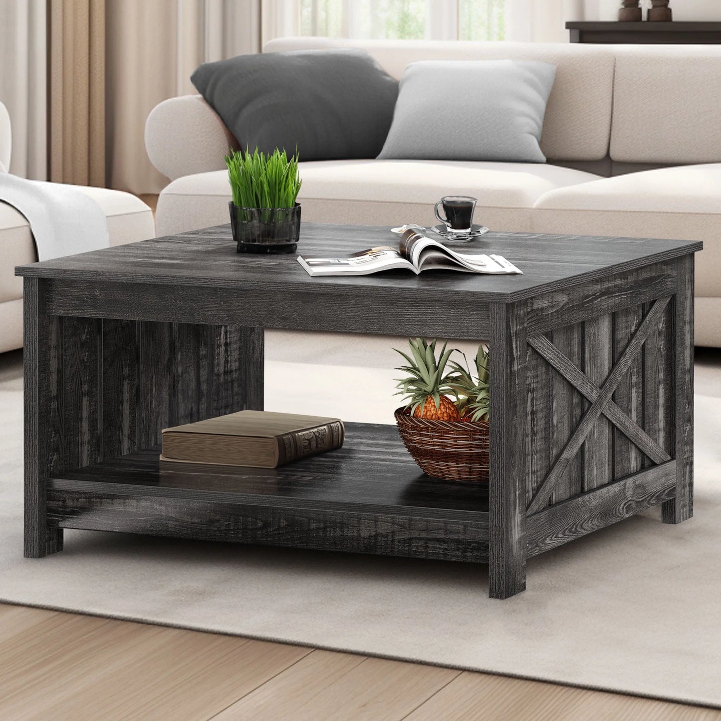 Coffee Table, Square Coffee Table, Farmhouse Coffee Table with Half Open Storage Compartment for Living Room, Rustic Gray