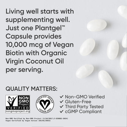 Biotin (10,000Mcg) with Organic Coconut Oil | Supports Healthy Hair, Skin & Nails | Non-Gmo Verified & Vegan Certified (120 Veggie-Softgels)