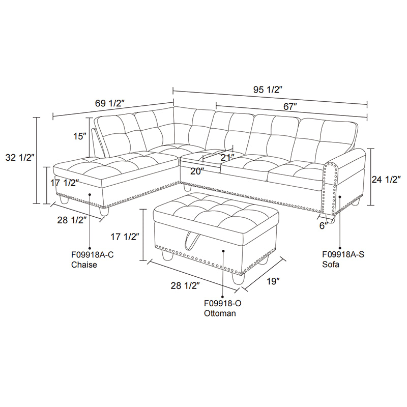 Brown Grey Linen 3-Piece Sofa Set Living Room Sofa