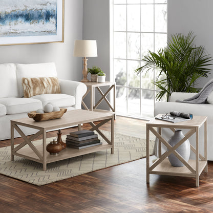 Farmhouse Square Side Table with Storage, Rustic Weathered Oak